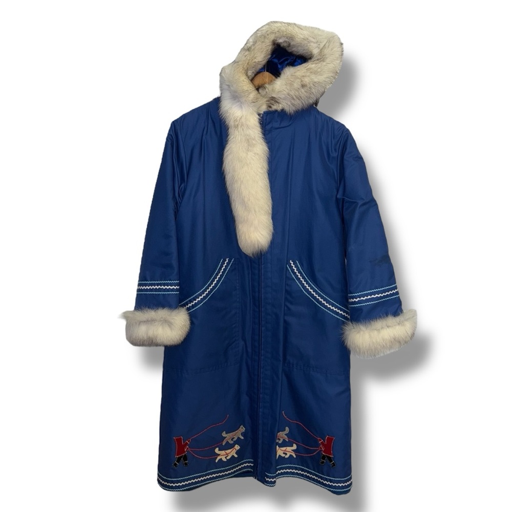 Northern Transition Vintage Inuit Blue Wool Parka Coat w/ Real Fur Trim
